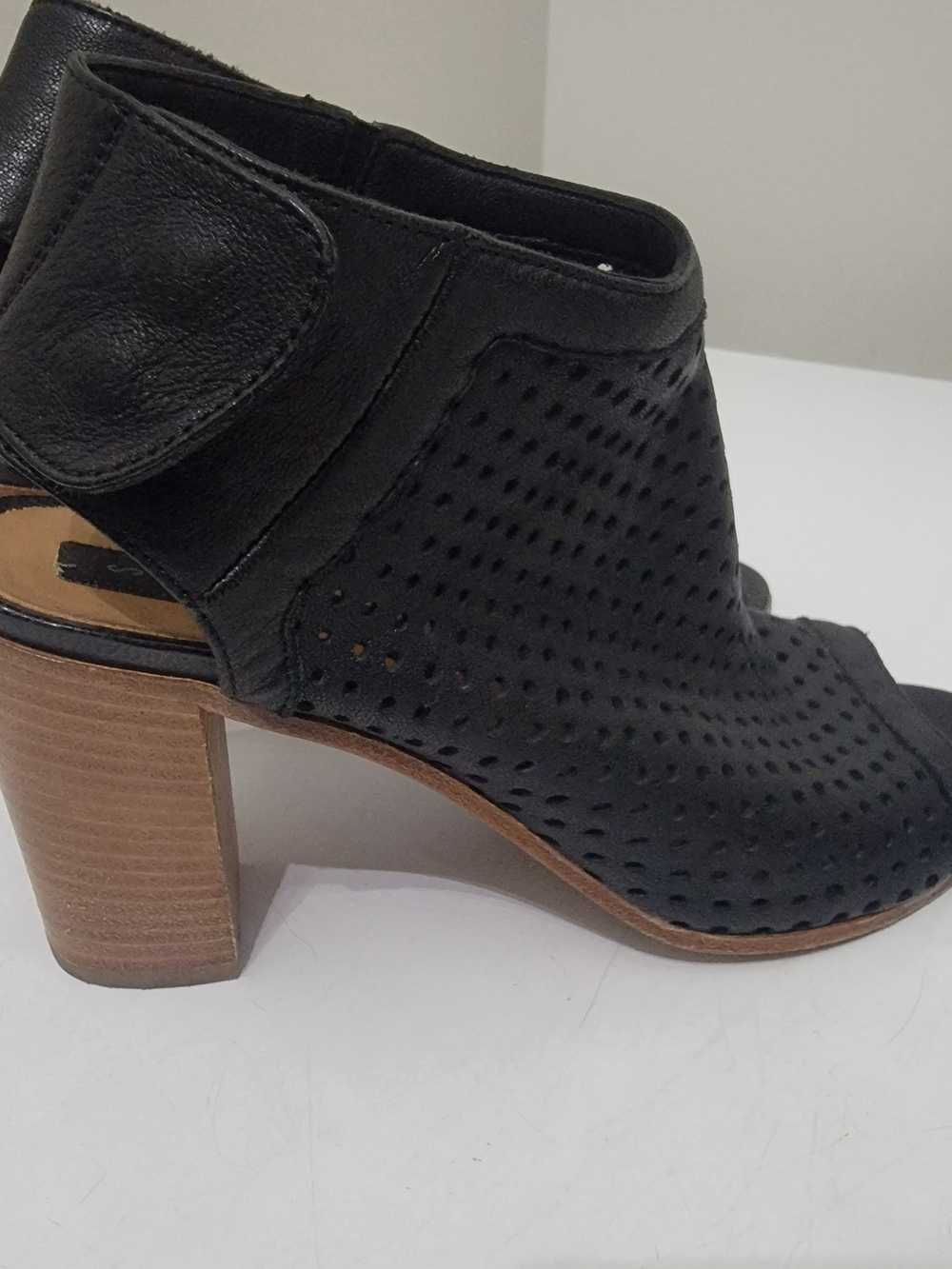 Steven By Steve Madden Black Perforated Leather Peep-Toe Block Heel Bootie
